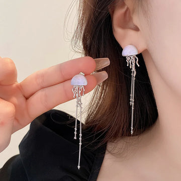 Daiiibabyyy Lovely Deep-Sea Jellyfish Elves Long Tassel Drop Earrings Mini Star Transparent Crystal Chain Earrings Women Jewelry Gifts